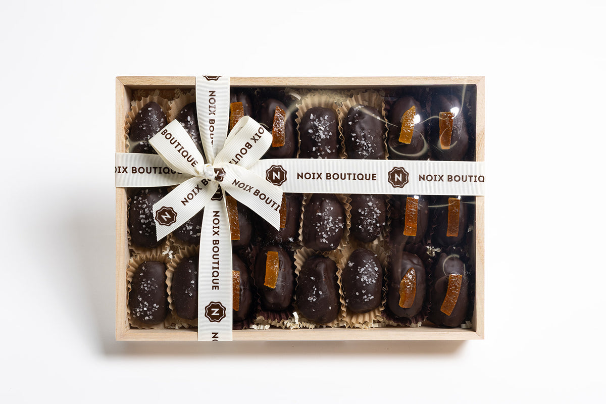 24 Chocolate-Coated Dates (12 pieces with 70.5% dark chocolate and bright orangette and 12 pieces of 70.5% dark chocolate infused with sea salt), Filled with Peanut Butter