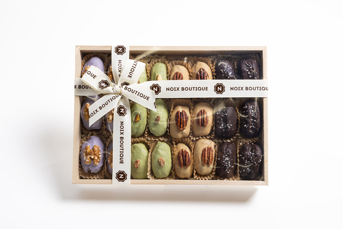 24 Chocolate-Coated Dates (12 White chocolate, 6 Caramel chocolate and 6 Dark chocolate 70.5%with Sea Salt), Filled with Nut Butters