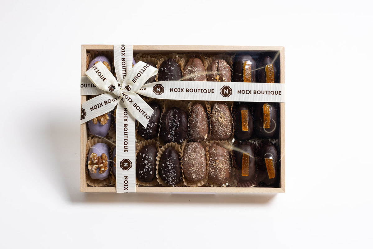 24 Chocolate-Coated Dates (12 Dark chocolate 70.5%, 6 Milk chocolate and 6 White chocolate), Filled with Nut Butters and Dried Fruits