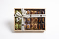 24 Chocolate-Coated Dates (12 white chocolate, 6 caramel chocolate and 6 dark chocolate  70.5% dates with candied orangette), Filled with Nut Butters and Dried Fruits