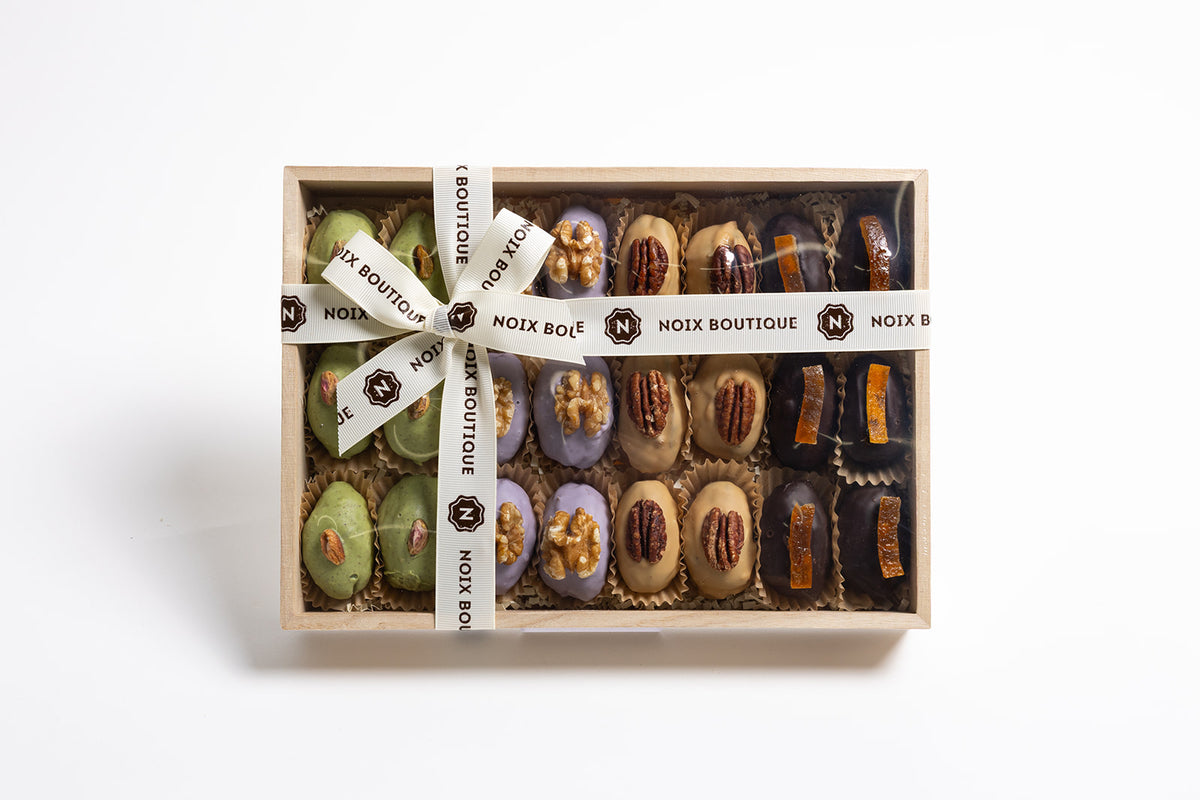 24 Chocolate-Coated Dates (12 white chocolate, 6 caramel chocolate and 6 dark chocolate  70.5% dates with candied orangette), Filled with Nut Butters and Dried Fruits