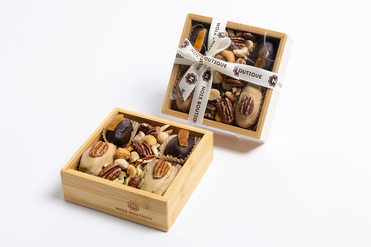 4 Chocolate-Coated Dates (2 Dark chocolate 70.5% with Orangette and 2 Caramel chocolate-Pecan), Filled with Pecan Butter and Mixed Nuts