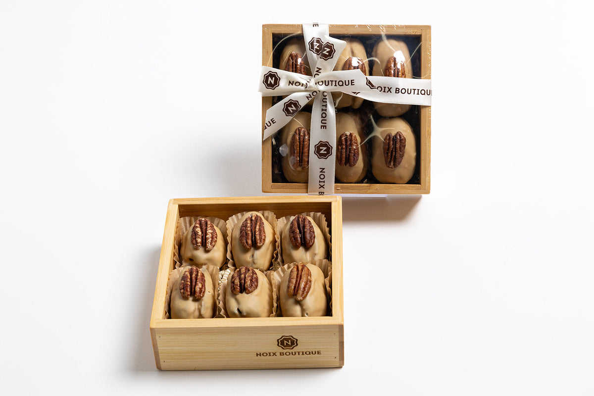 6 Caramel Chocolate-Coated Dates Filled with Chocolate Pecan Butter