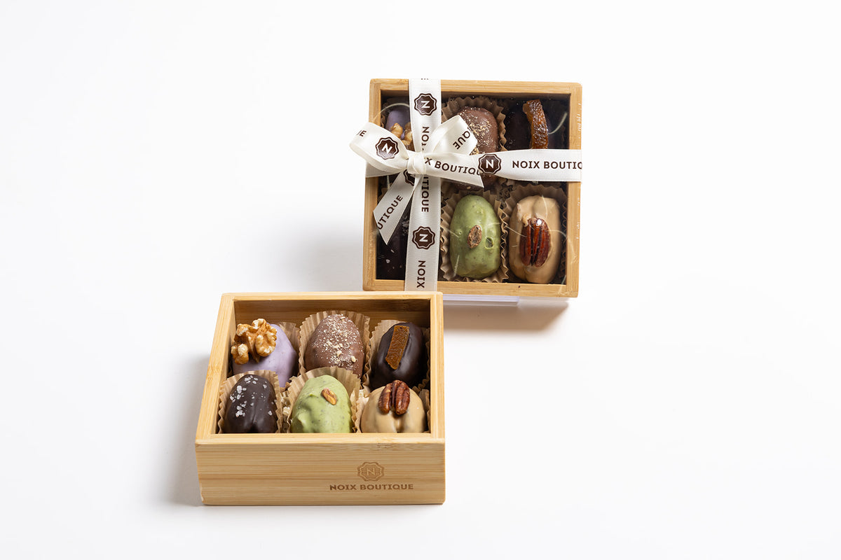 6 Chocolate-Coated Dates (2 Dark chocolate 70.5%, 1 Caramel chocolate, 2 White choclate and 1 Milk chocolate), Filled with Nut Butters and Dried Fruits