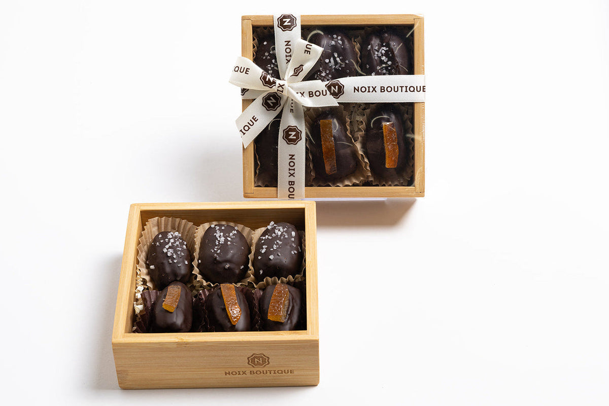 6 Chocolate-Coated Dates (3 Dark chocolate 70.5% with Orangette and 3 Dark chocolate 70.5% with Sea Salt), Filled with Peanut Butter